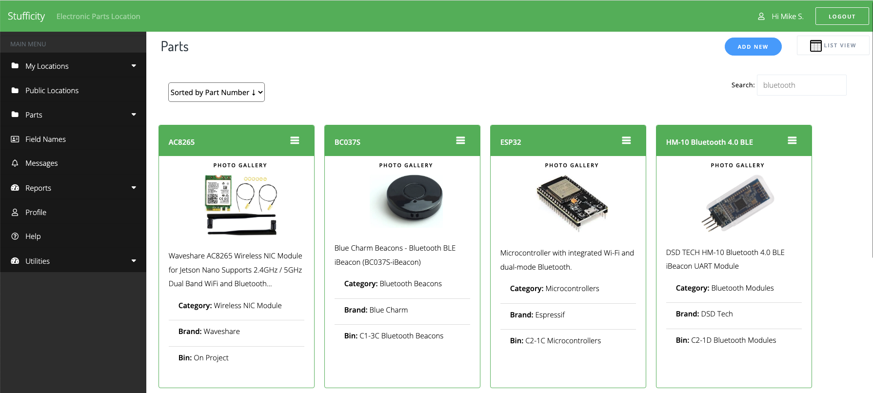 parts inventory card view