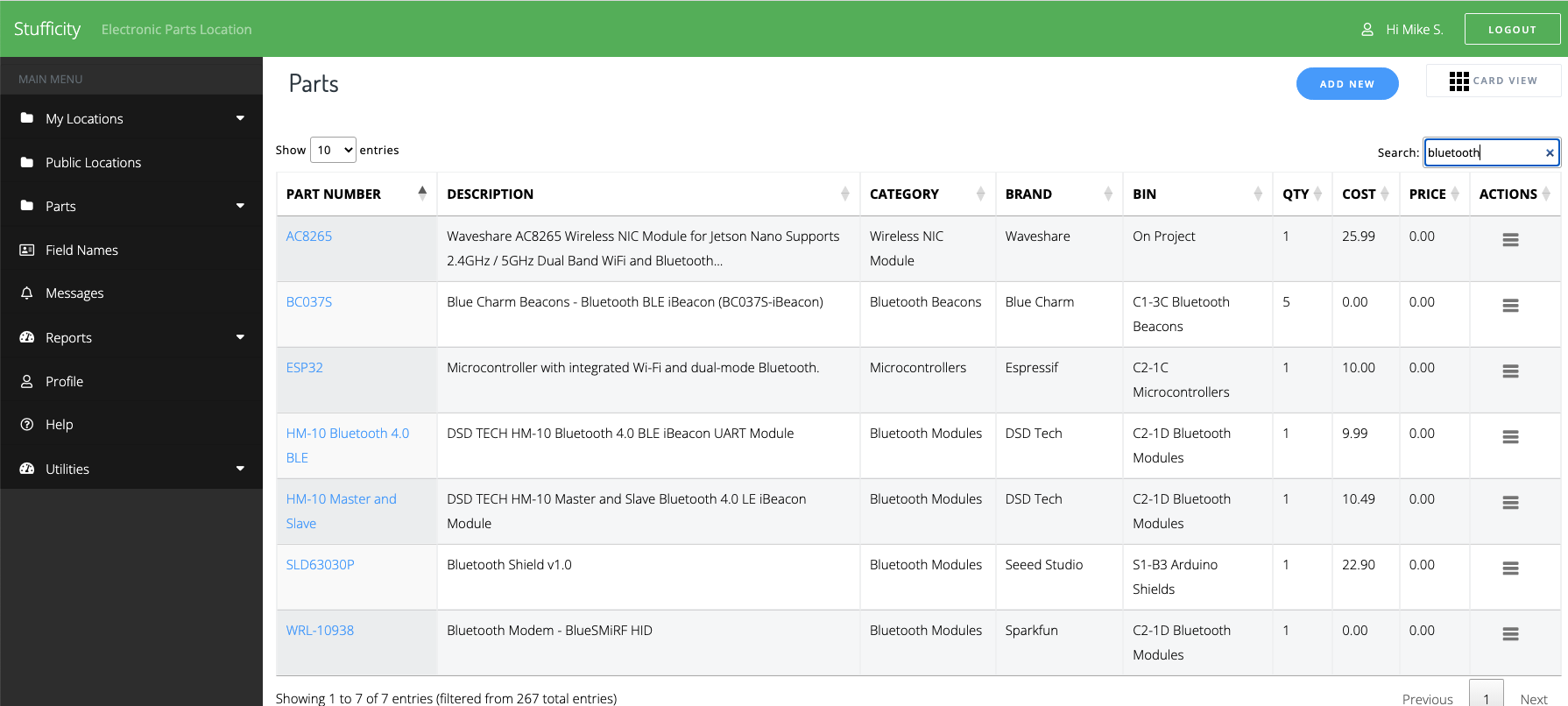 parts inventory list view